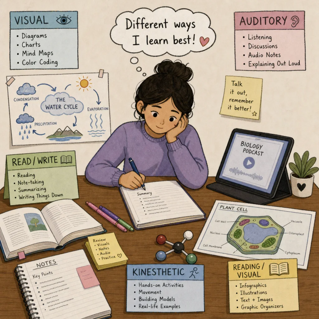 Different ways I learn best: visual, auditory, read/write, and kinesthetic study styles