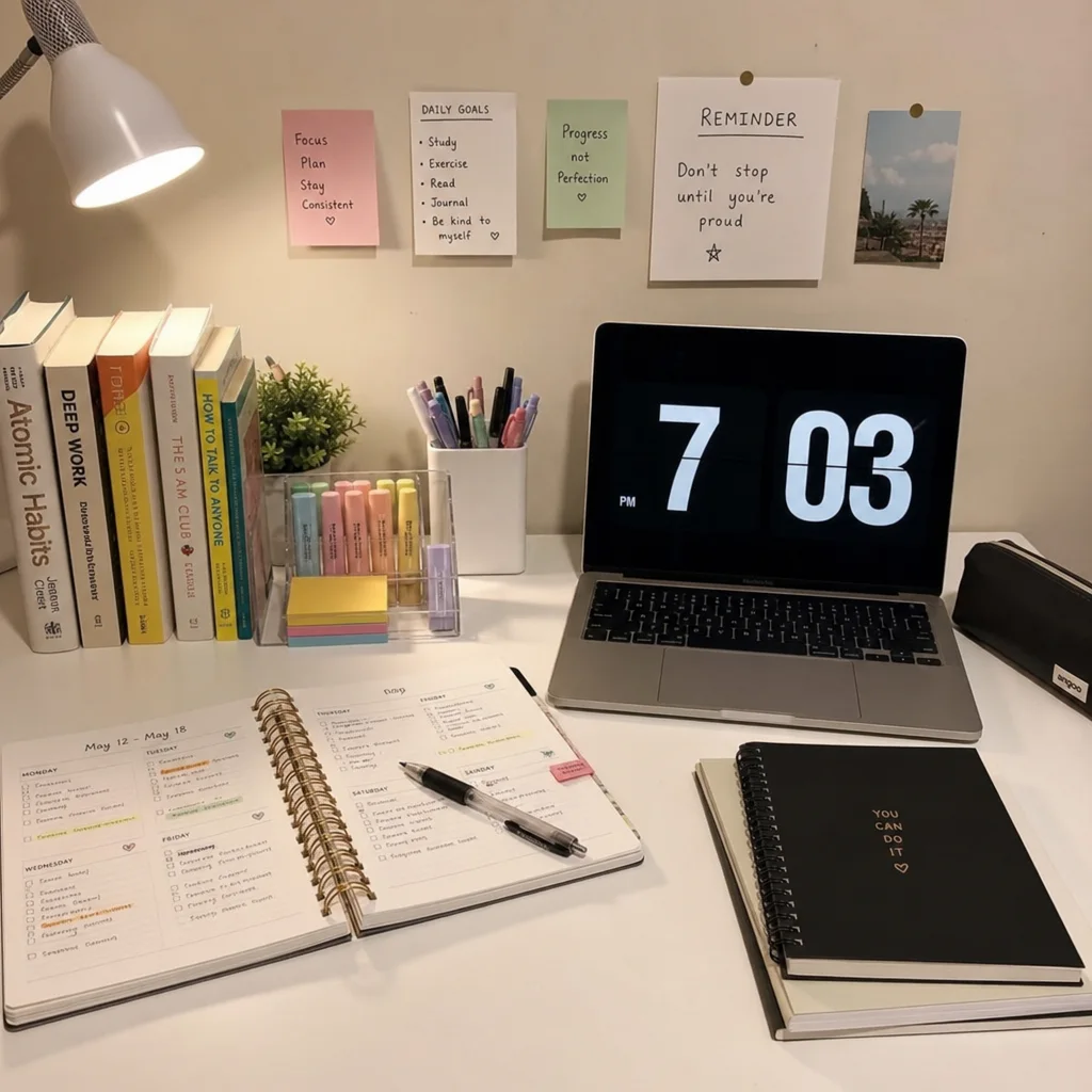 A study desk with a planner, laptop, books, and a clock, set up for focused work