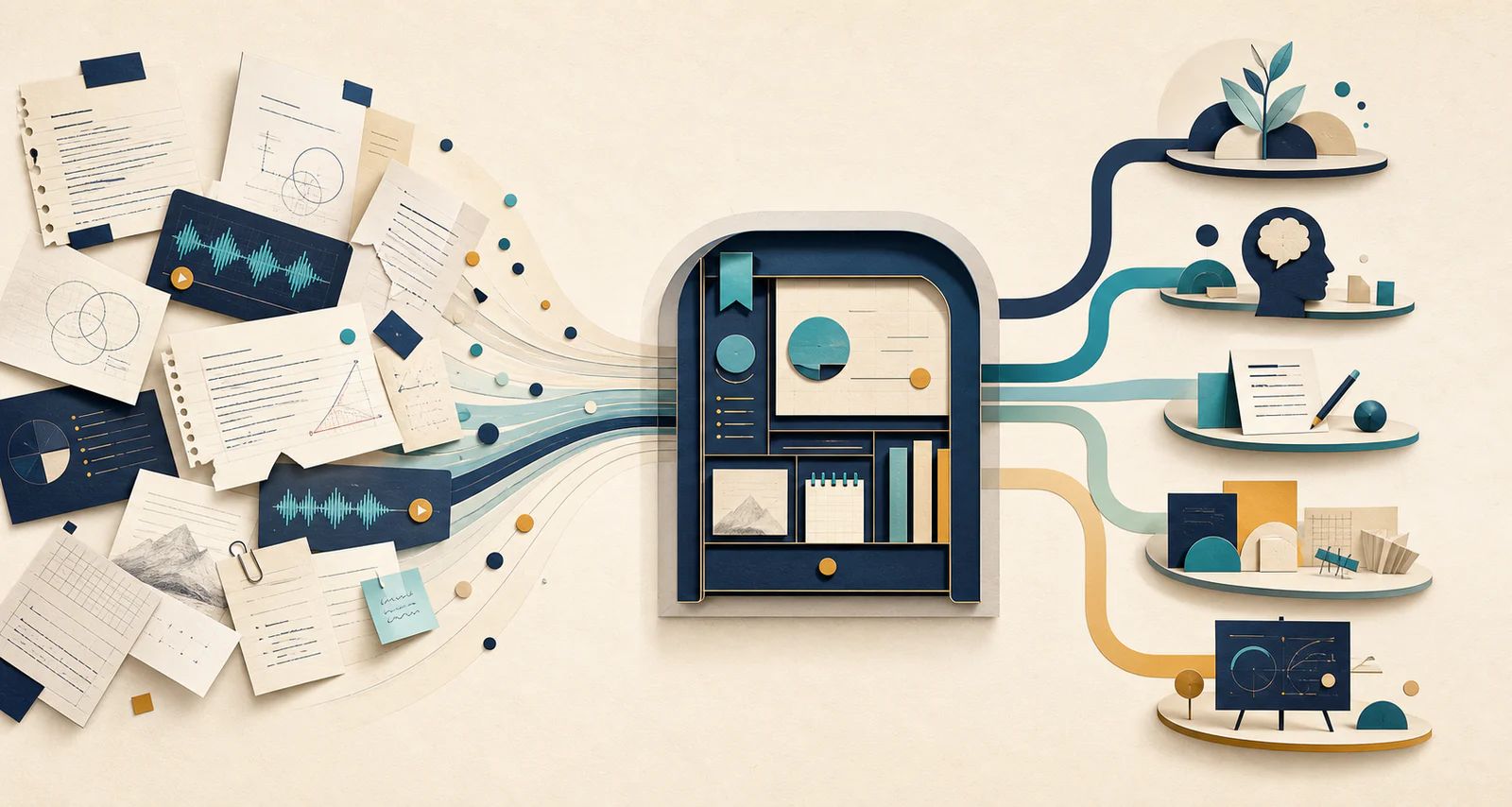 Scattered notes, diagrams, audio, and questions becoming one organised learning workspace that branches into understanding, practice, creation, and presentation