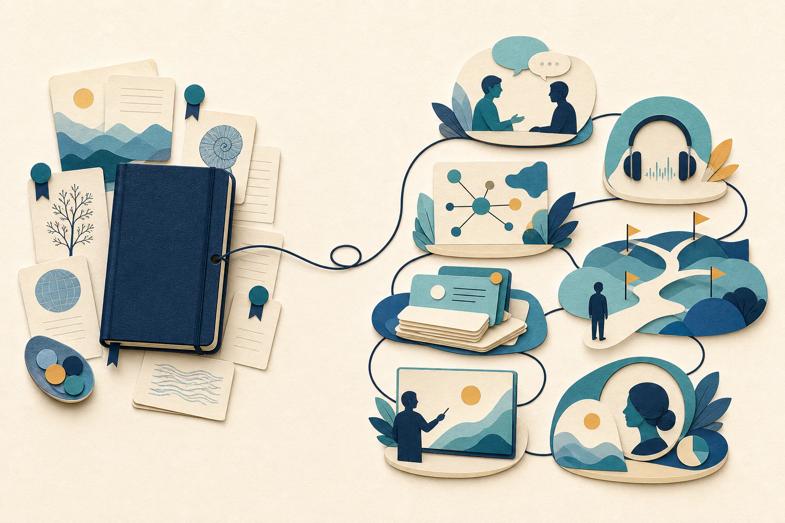 A source notebook expanding into connected tutoring, audio, visual mapping, active recall, simulation, presentation and progress activities